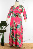 Rosa Casual Print Patchwork mit Gürtel V-Ausschnitt Langes Kleid Plus Size Kleider