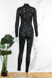 Svarta Casual Solid Rippad urholkad genomskinlig dragkedjekrage Skinny Jumpsuits