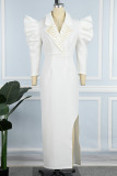 Белый повседневный однотонный костюм с отложным воротником и разрезом Платья Платья