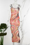 Orange Sexy Print Hollowed Out Backless Spaghetti Strap Long Dress Dresses