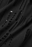 Combinaisons skinny décontractées solides déchirées évidées col zippé transparent noir
