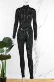 Black Casual Solid Ripped Hollowed Out See-through Zipper Collar Skinny Jumpsuits