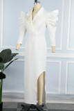 Белый повседневный однотонный костюм с отложным воротником и разрезом Платья Платья