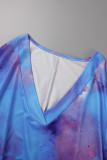 Rosa Lila Casual Print Tie Dye Patchwork V-Ausschnitt Kurzarmkleid Kleider in Übergröße