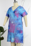 Vestido azul estampado casual tie dye patchwork manga curta decote em V vestidos tamanho grande
