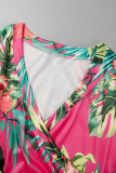 Rosa Casual Print Patchwork mit Gürtel V-Ausschnitt Langes Kleid Plus Size Kleider