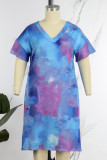 Blue Casual Print Tie Dye Patchwork V Neck Short Sleeve Dress Plus Size Dresses