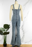 Blauw Sexy Casual Effen Patchwork Ruglooze spaghettibandjes Mouwloos Hoge taille Normale spijkerjumpsuits