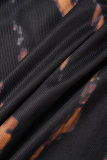 Черные повседневные базовые платья с длинным рукавом с принтом и U-образным вырезом
