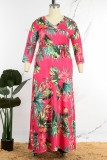 Roze casual print patchwork met riem V-hals lange jurk Grote maten jurken