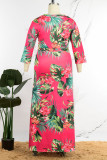 Rosa Casual Print Patchwork med bälte V-hals lång klänning Plus size klänningar