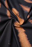 Черные повседневные базовые платья с длинным рукавом с принтом и U-образным вырезом