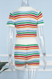 Colour Casual Striped Print Patchwork V Neck Short Sleeve Two Pieces Knit Crop Tops And Shorts Set