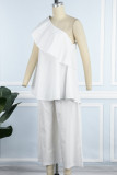 White Casual Solid Patchwork Flounce Oblique Collar Sleeveless Two Pieces