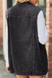Schwarzgraue, lässige, solide Patchwork-Jeansjacke mit Umlegekragen und kurzen Ärmeln