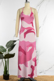 Roze casual werk straat elegante print spaghettibandje A-lijn jurken
