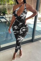 Black Sexy Print Backless Oblique Collar Skinny Jumpsuits