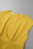 Robes de jupe enveloppées jaunes à plis solides et à col rond