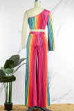 Цвет радуги, сексуальные повседневные элегантные полосатые металлические аксессуары, украшение, асимметричный воротник, длинный рукав, две части