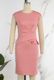 Vestidos casuais cor-de-rosa elegantes lisos com dobra no decote e saia rodada