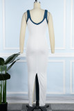 Weiße sexy Street-Einfach-Streifen-Kontrast-Kleider mit V-Ausschnitt und einstufigem Rock