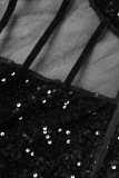ブラック セクシー パーティー セレブ ソリッド スパンコール パッチワーク 斜め襟 ワンステップ スカート ドレス