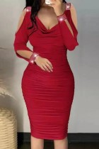 Кирпично-красные повседневные сплошные выдолбленные лоскутные платья с V-образным вырезом и длинным рукавом