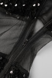 Noir Sexy Party Célébrités Solide Paillettes Patchwork Oblique Col Une Étape Jupe Robes