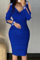 Синие повседневные сплошные выдолбленные лоскутные платья с V-образным вырезом и длинным рукавом