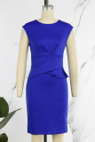 Royal Blue Casual Work Elegant Solid Fold O Neck Wrapped Skirt Dresses