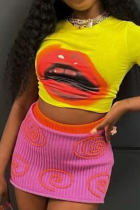 Pink Yellow Sexy Casual Street Lips Printed Patchwork O Neck Short Sleeve Two Pieces