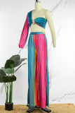 虹色のセクシーなカジュアルエレガントなストライプのメタルアクセサリー装飾非対称襟長袖 XNUMX 個