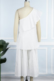 White Casual Solid Patchwork Flounce Oblique Collar Sleeveless Two Pieces