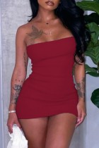Burgundy Sexy Solid Backless Strapless Wrapped Skirt Dresses