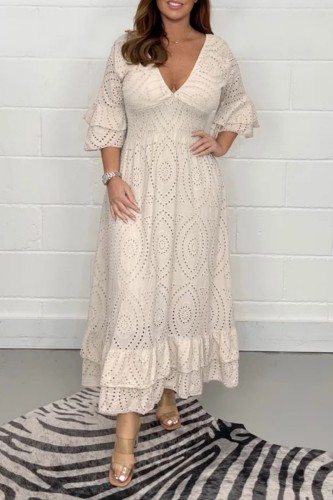 Apricot Casual Solid Patchwork V Neck Long Dress Dresses