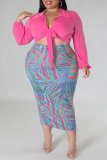 Rose Red Sexy Casual Work Elegant Print Patchwork Frenulum Turndown Collar Wrapped Skirt Plus Size Two Pieces