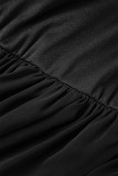 ブラック エレガント ソリッド 包帯 パッチワーク フラウンス スパゲッティ ストラップ ロング ドレス ドレス