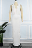 Белое сексуальное уличное элегантное однотонное платье-юбка с разрезом на спине и V-образным вырезом