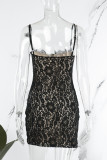 黒のセクシーなソリッドパッチワークスパゲッティストラップペンシルスカートドレス