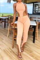 Nude Pink Casual Solid Asymmetrical Turtleneck Sleeveless Two Pieces