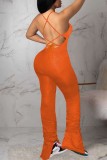 Оранжевые сексуальные повседневные однотонные бинты с открытой спиной и разрезом Спагетти-ремешок Узкие комбинезоны