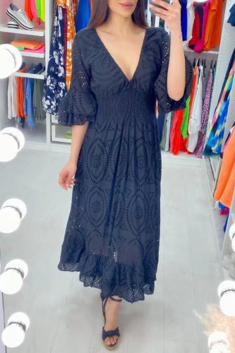 Navy Blue Casual Solid Patchwork V Neck Long Dress Dresses