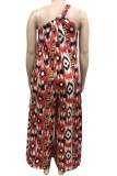 Red Casual Print Backless Oblique Collar Regular Jumpsuits