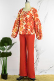Tangerine Red Casual Print Patchwork Frenulum V Neck Long Sleeve Two Pieces