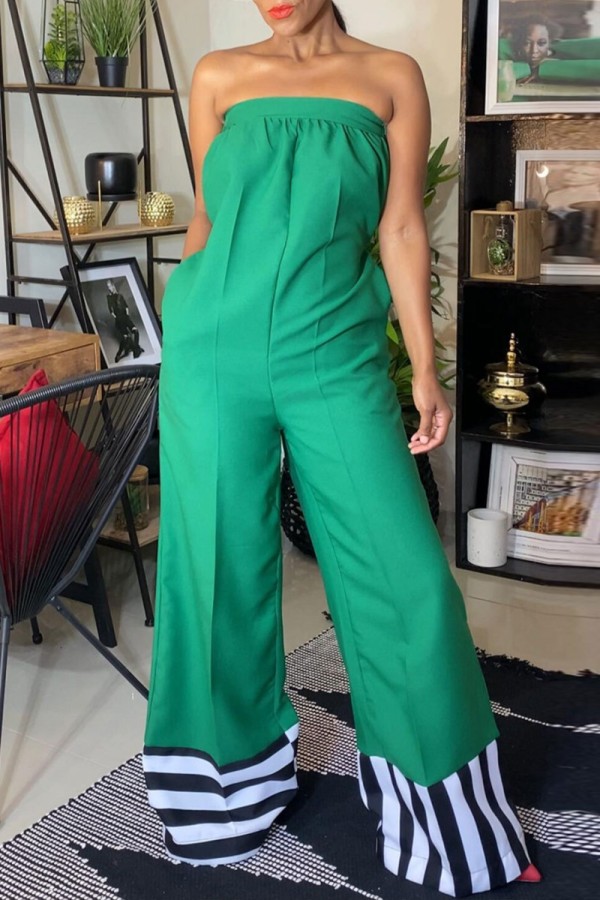 Green Casual Solid Patchwork Backless Strapless Regular Jumpsuits