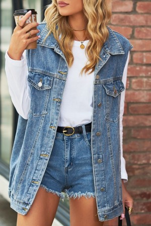 Blue Casual Solid Patchwork Turndown Collar Short Sleeve Regular Vest Coats Denim Jacket