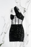 ブラック セクシー パーティー セレブ ソリッド スパンコール パッチワーク 斜め襟 ワンステップ スカート ドレス