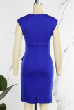 Royal Blue Casual Work Elegant Solid Fold O Neck Wrapped Skirt Dresses