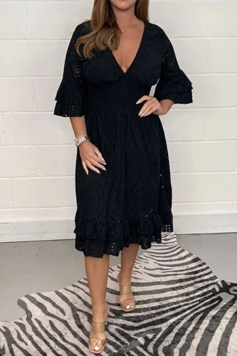 Black Casual Solid Patchwork V Neck Long Dress Dresses