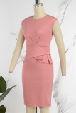 Pink Casual Work Elegant Solid Fold O Neck Wrapped Skirt Dresses